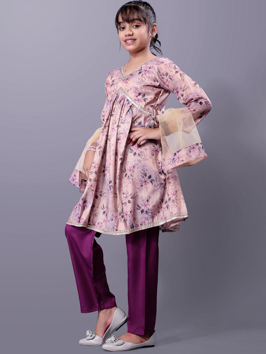 Aarya Designer Girls Floral Printed Tissue Anarkali Kurta With Trousers & Dupatta