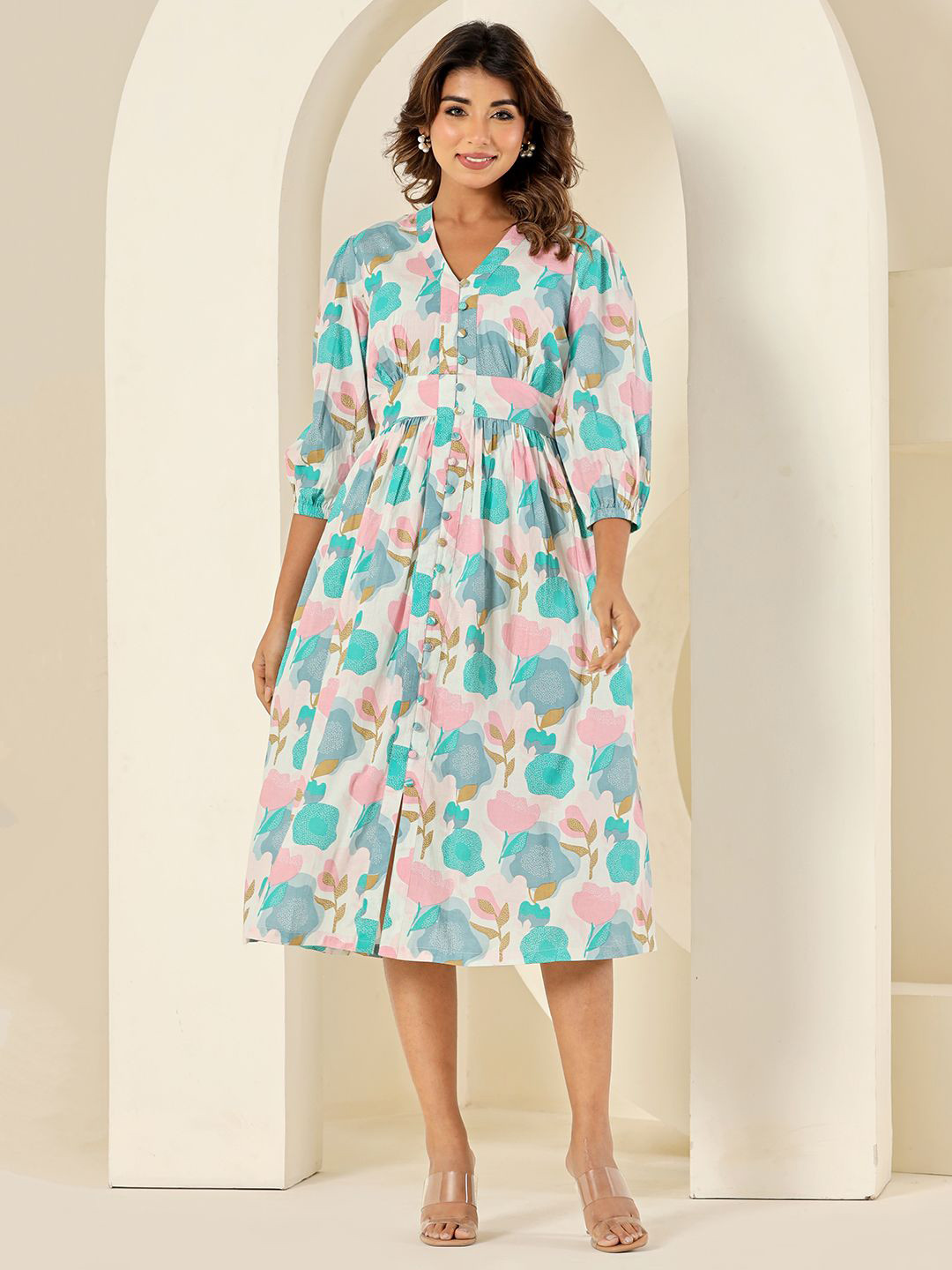Eco Clothing Floral Printed Cotton Fit & Flare Midi Dress