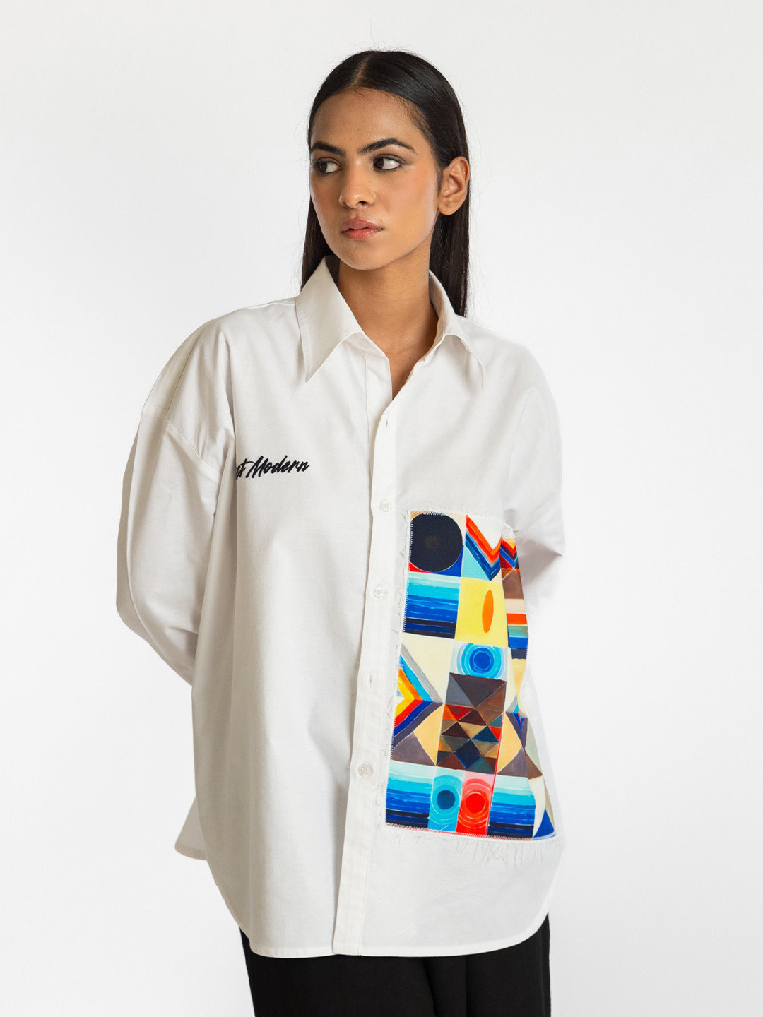 Past Modern Women Relaxed Oversized Fit Geometric Printed Cotton Casual Shirt