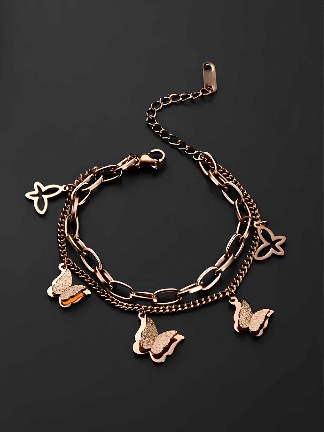 KARISHMA KREATIONS Rose Gold-Plated Butterfly Charm Multi-layered Link Bracelet
