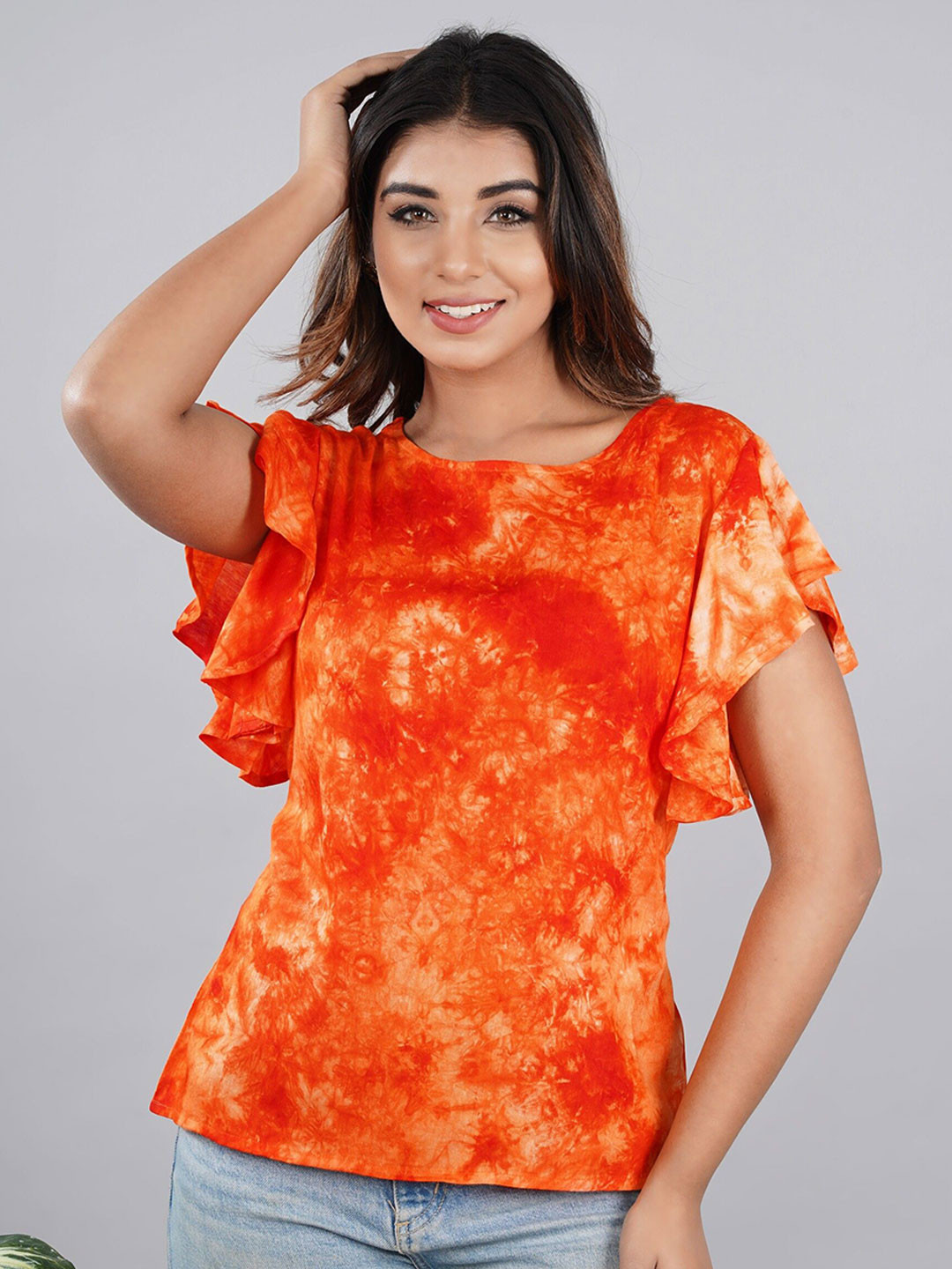 AYUSH TEXTILES Tie and Dye Bell Sleeve Top