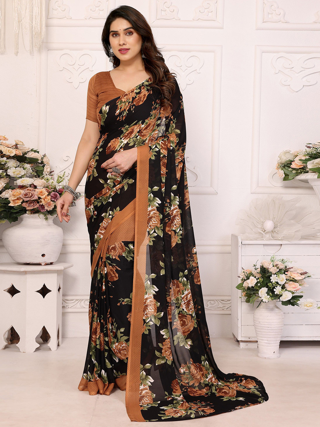 The Textile Hub Floral Poly Georgette Saree