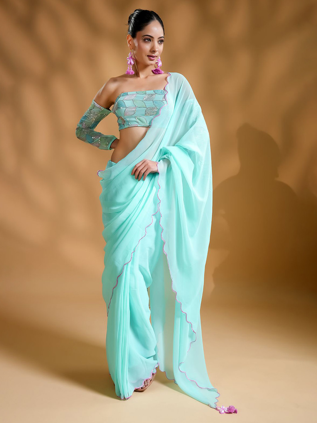 HANDME Aqua Blue Ready To Wear Saree With Embroidered Blouse Fabric and Tassels