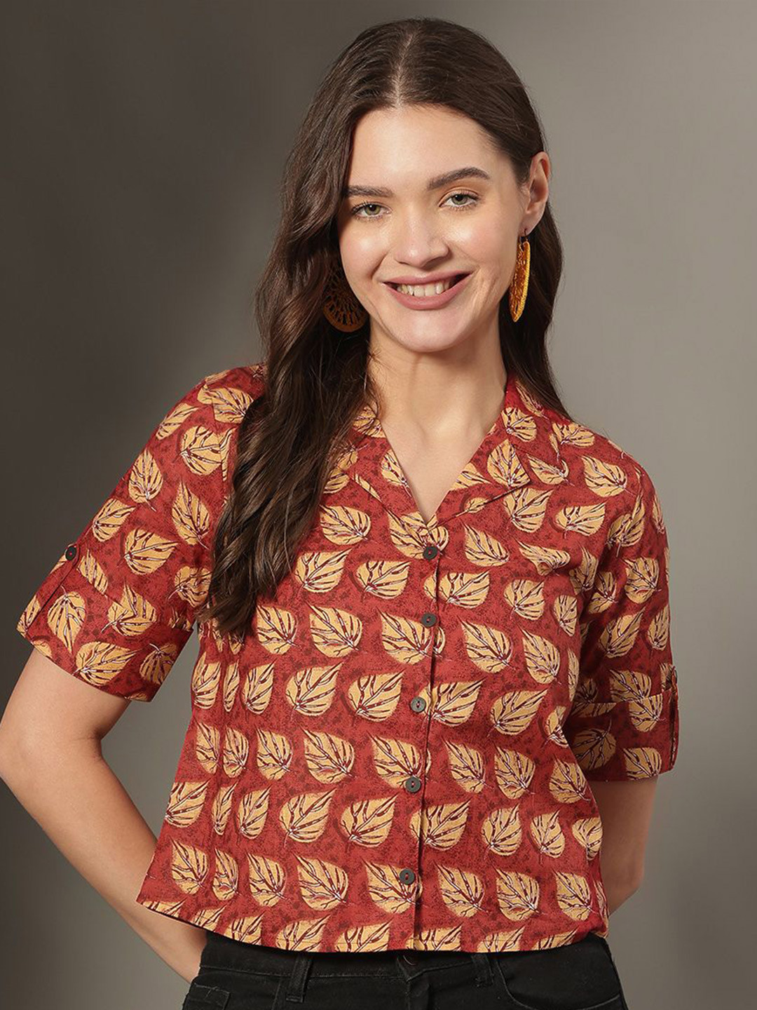 KALINI Women Floral Printed Roll-Up Sleeves Pure Cotton Shirt Style Crop Top