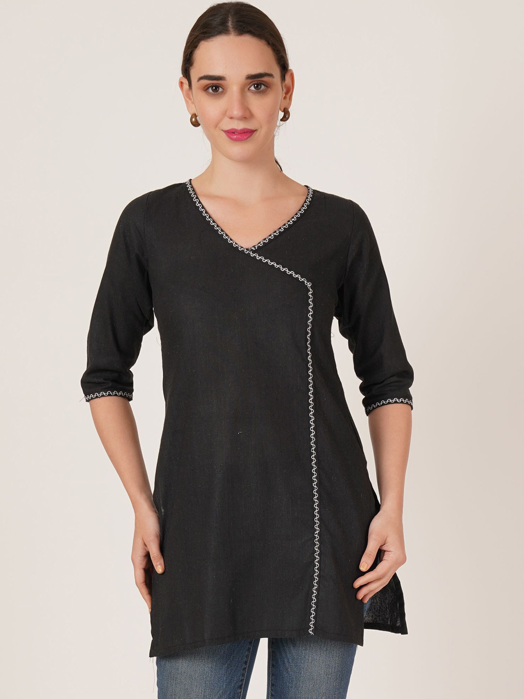 Brownverse Thread Work V-Neck Khadi Cotton Angrakha Design Kurta