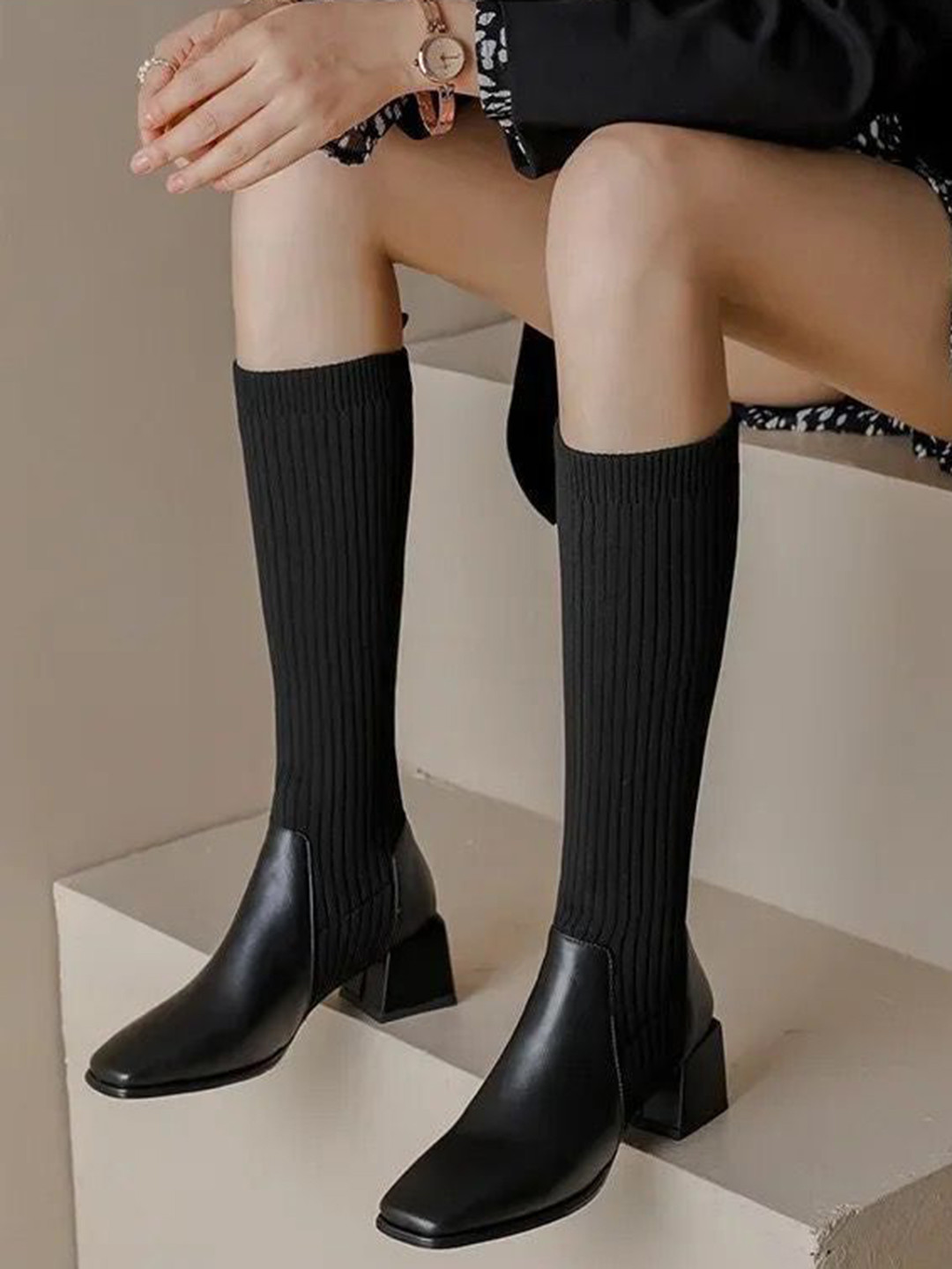 Miss Mosa By Akanksha  Women Lia Knee High Trendy Sock Leather Boots