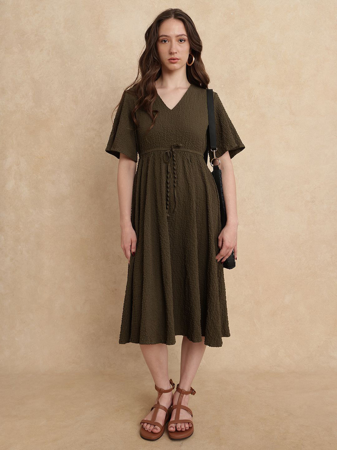 RAREISM RONMIEN Primary Olive V-Neck Fit and Flare Flared Sleeves Midi Dress