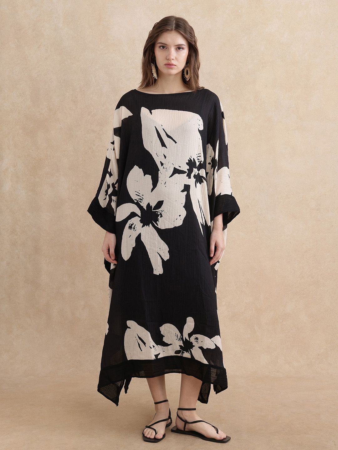 RAREISM JANAREA Primary Black Printed Boat Neck Kaftan Midi Dress