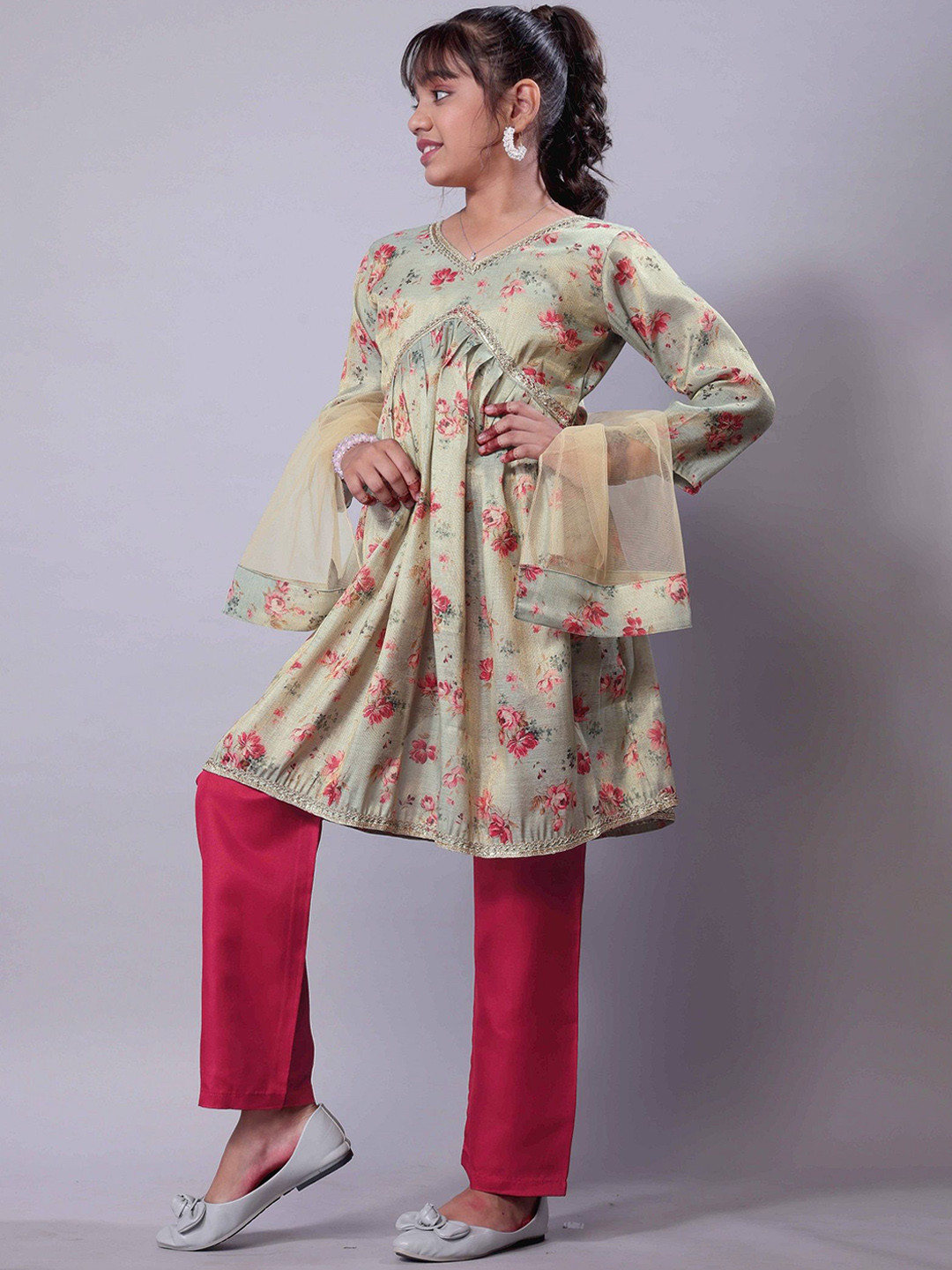 Aarya Designer Girls Floral Printed Tissue Anarkali Kurta With Trousers & Dupatta