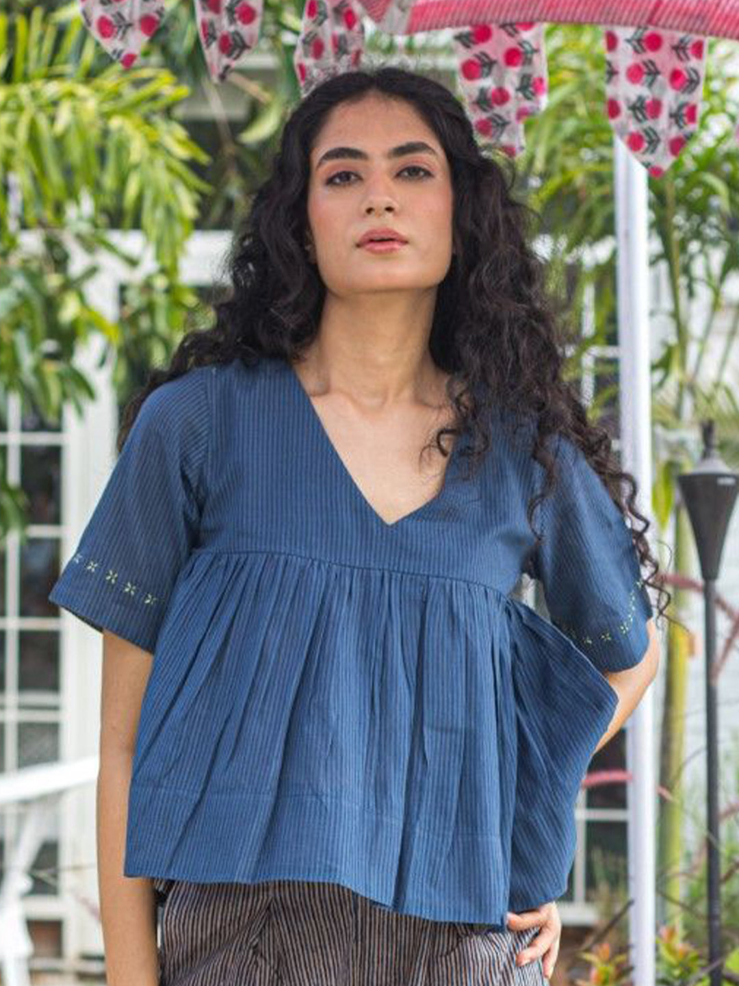 ANUVAS Noor Ink Dobby Women Ribbed Cotton Empire Top