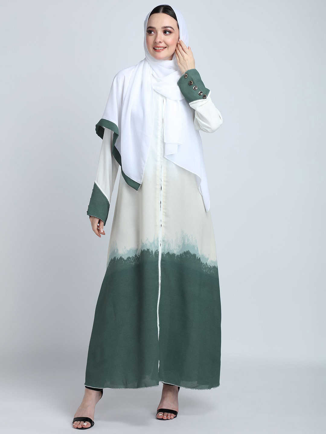 BROKE BRAND Ombre Printed Mandarin Collar Neck Abaya With Hijab