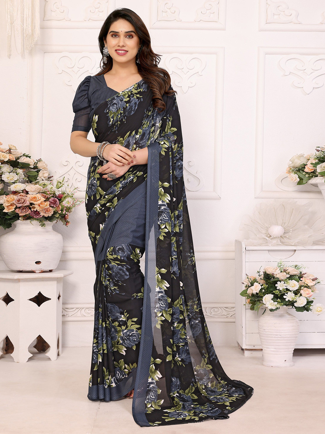 The Textile Hub Floral Poly Georgette Saree