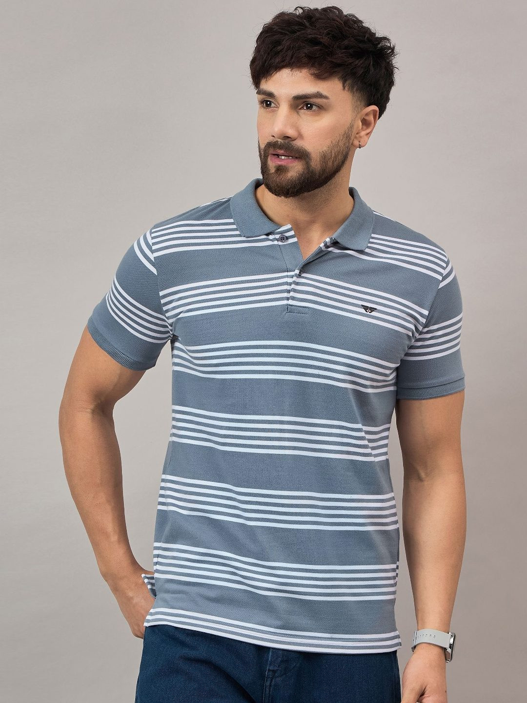 REPRISE Men Striped Polo Collar Cotton T-shirt