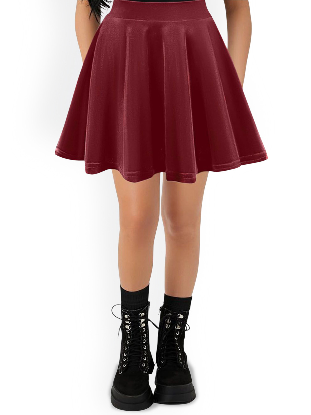 PINK SHELL Women Velvet Pleated Flared Mini Skirt