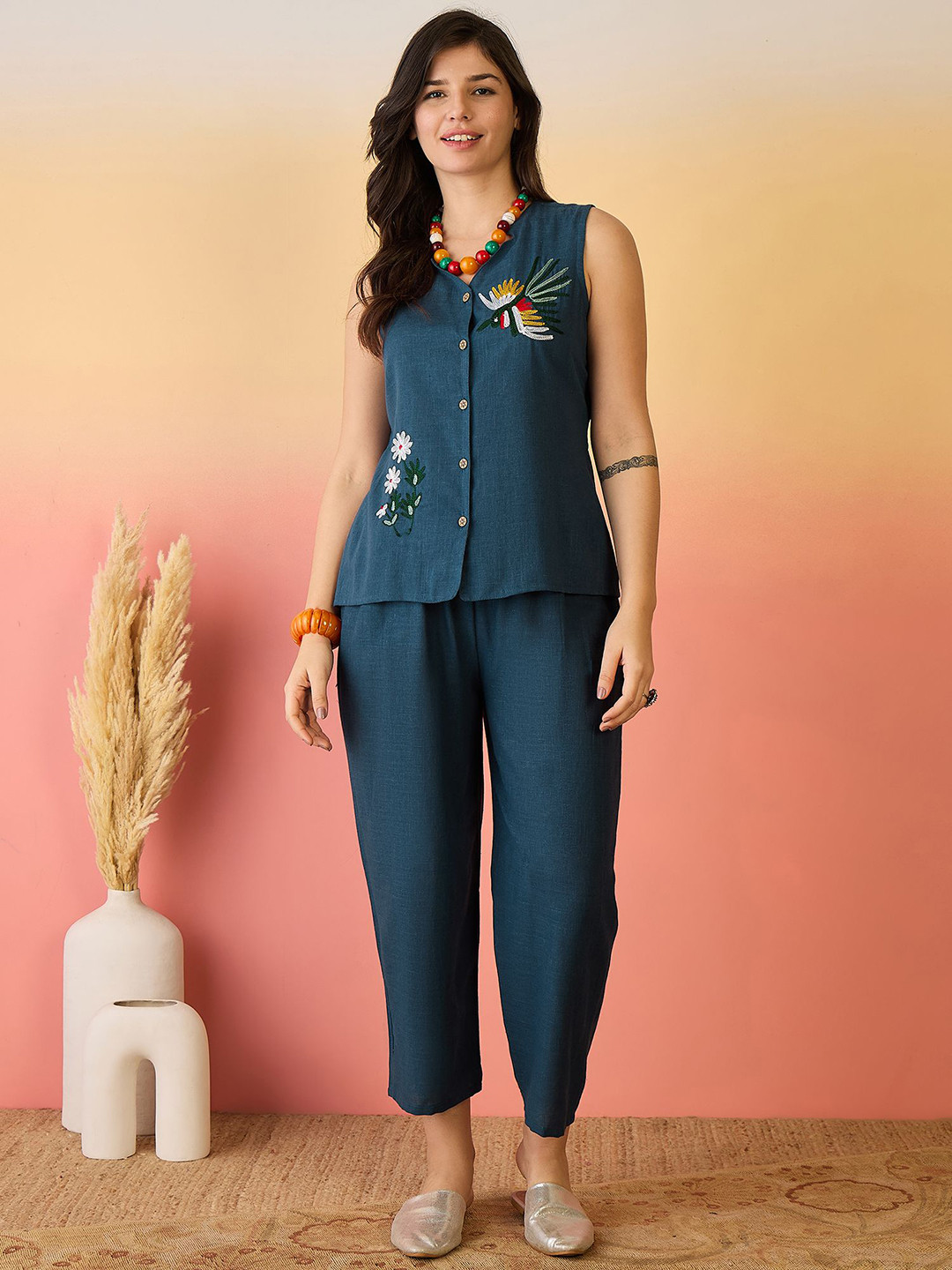 Sangria Blue And White Embroidered V-Neck Pure Cotton Top & Trousers