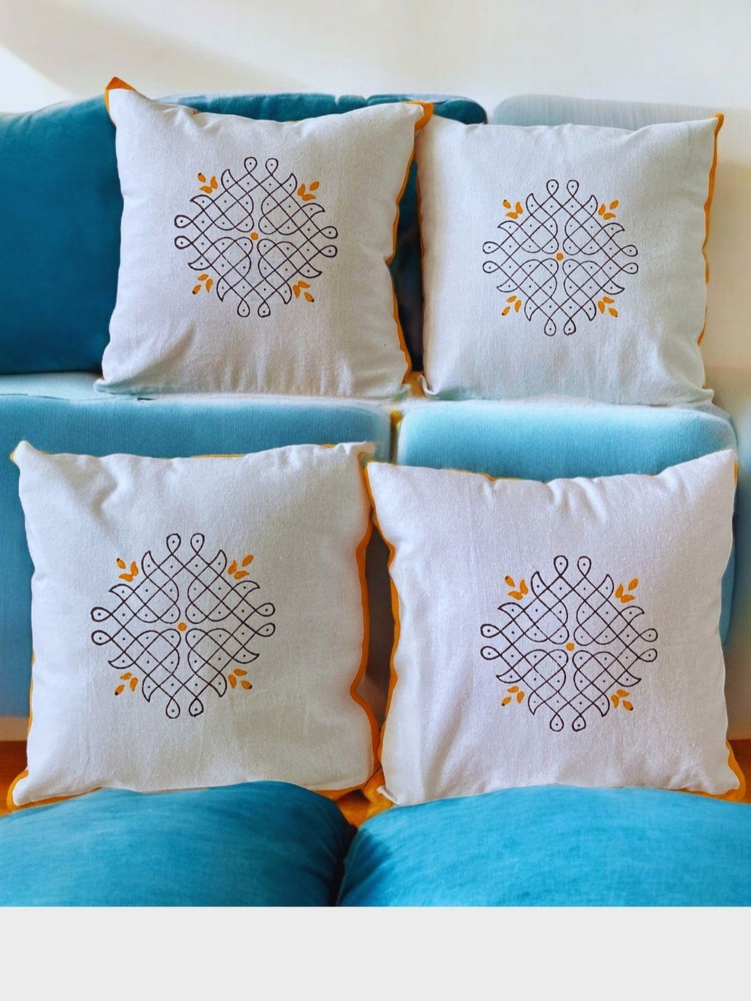 PLAYFUL STITCHES White & Black Set of 4 Ethnic Motifs Square Cushion Covers