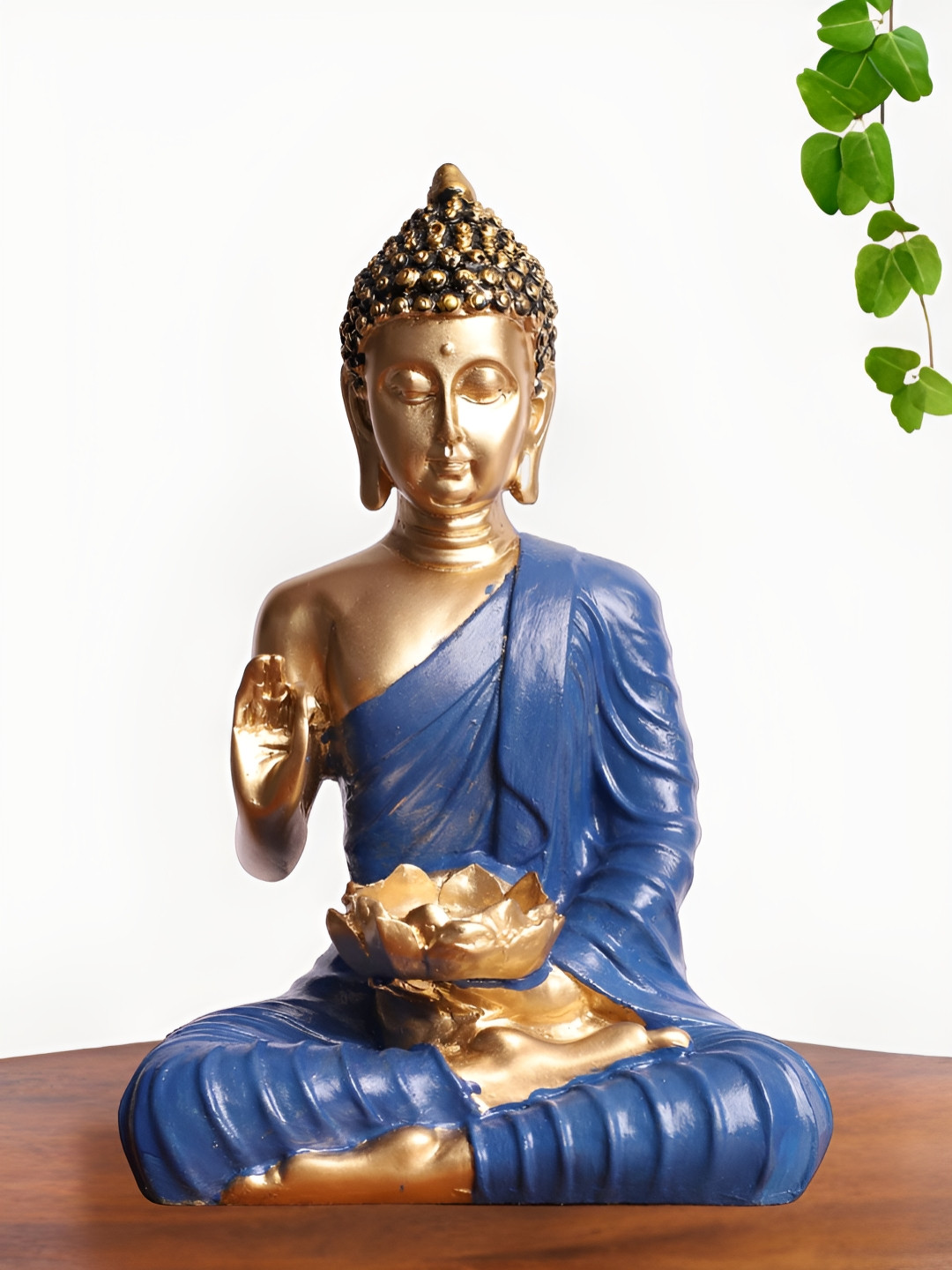 INTERNATIONAL GIFT Buddha with Lotus Diya Holder Blue Polyresin Glossy Living Room Medium Showpiece - 10 Inches