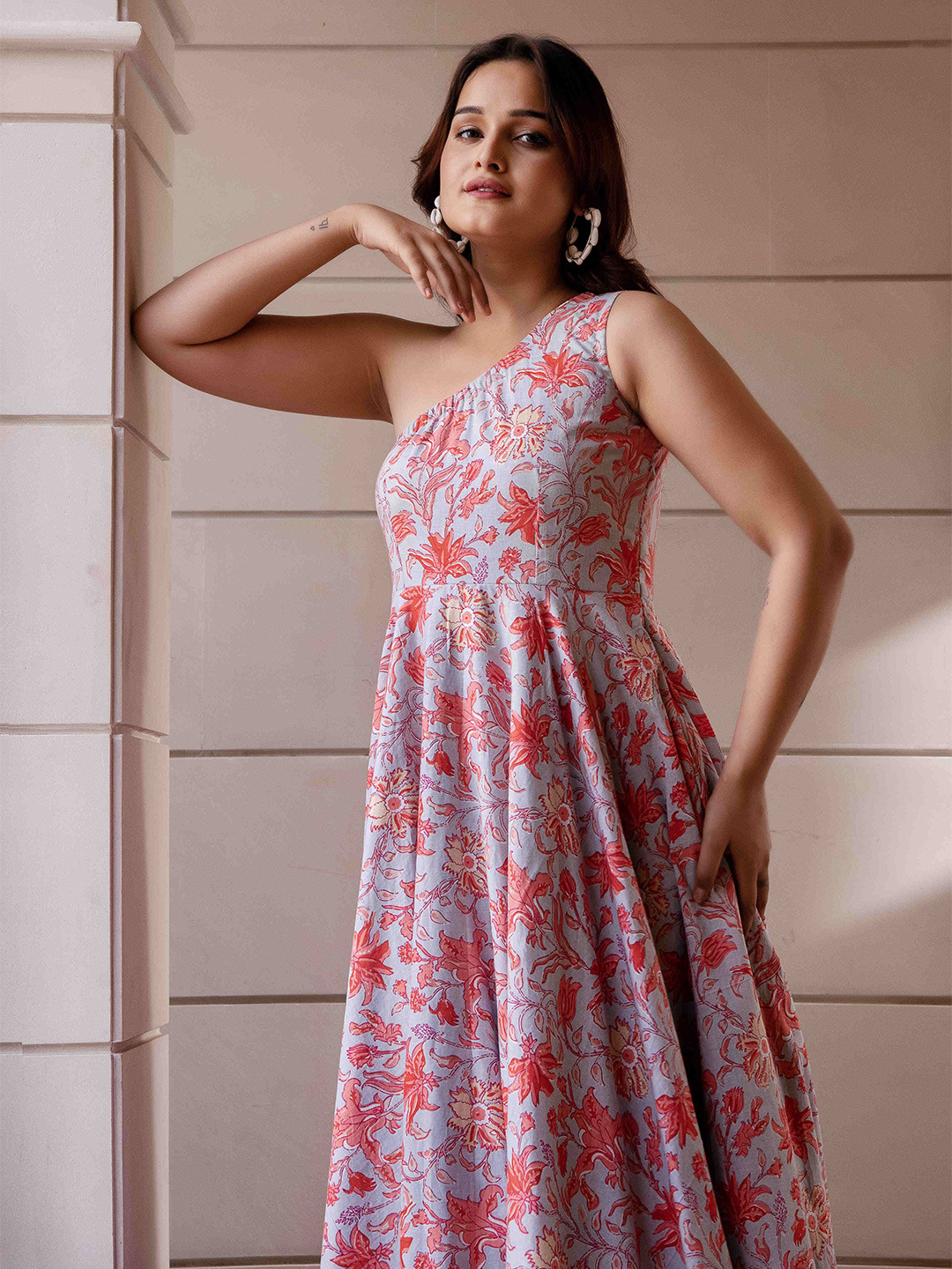 Pomcha Kapas Floral Printed One Shoulder Cotton Fit & Flare Maxi Dress