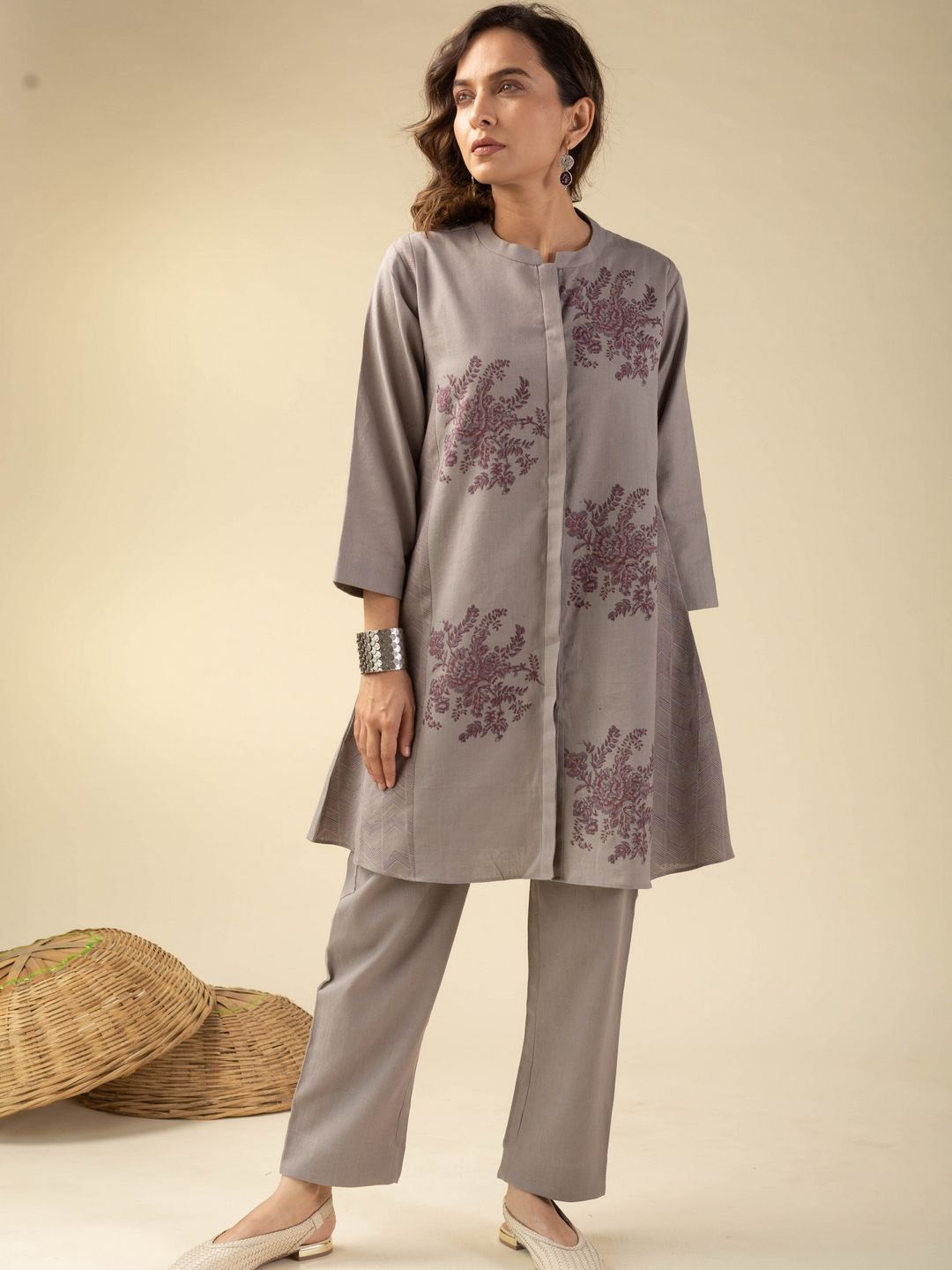 KUSVAA Saranya Floral Printed Mandarin Collar Pure Cotton A-Line Kurta With Trousers