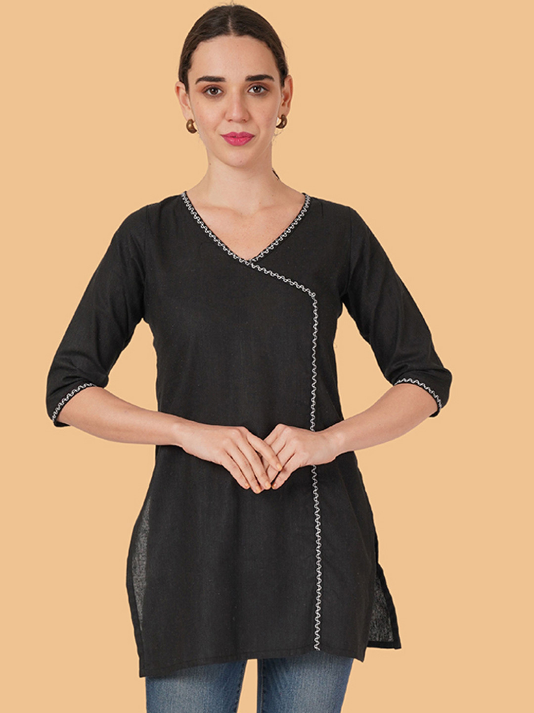Brownverse Thread Work V-Neck Khadi Cotton Angrakha Design Kurta