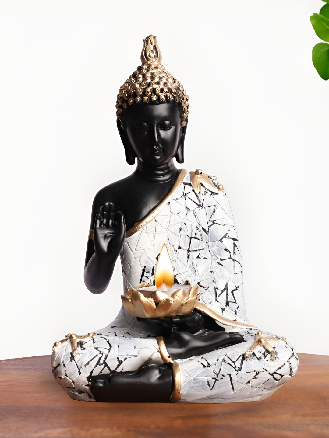 INTERNATIONAL GIFT Meditating Buddha Idol with Lotus Diya White Polyresin Natural Garden Medium Showpiece - 3.5 Inches