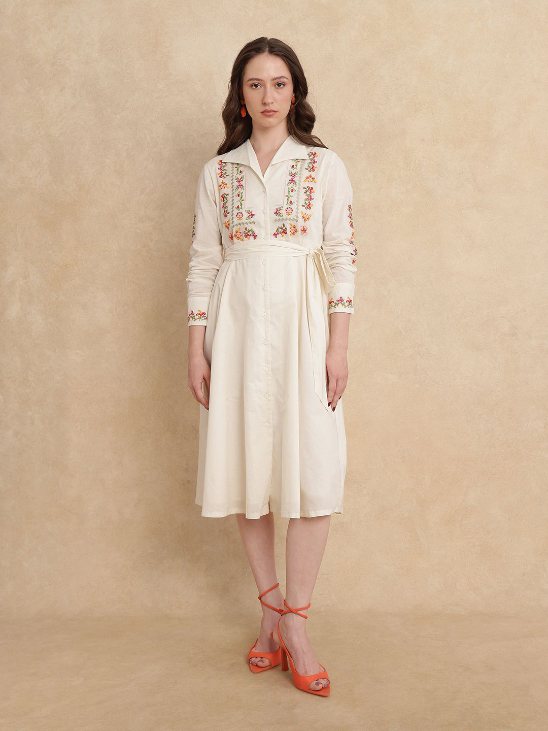 RAREISM RONAQ PRIMARY Off White Cotton Fit and Flare Midi Dress