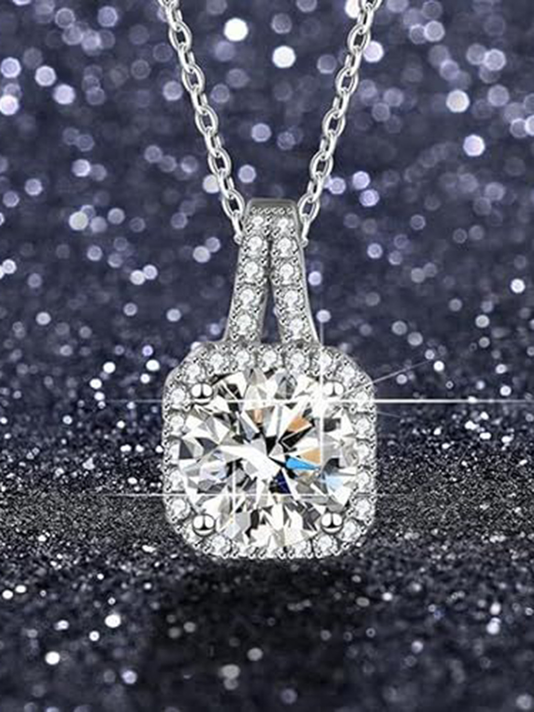 AKLINA Rhodium-Plated Cubic Zirconia Studded Diamond Shaped Pendant With Chain