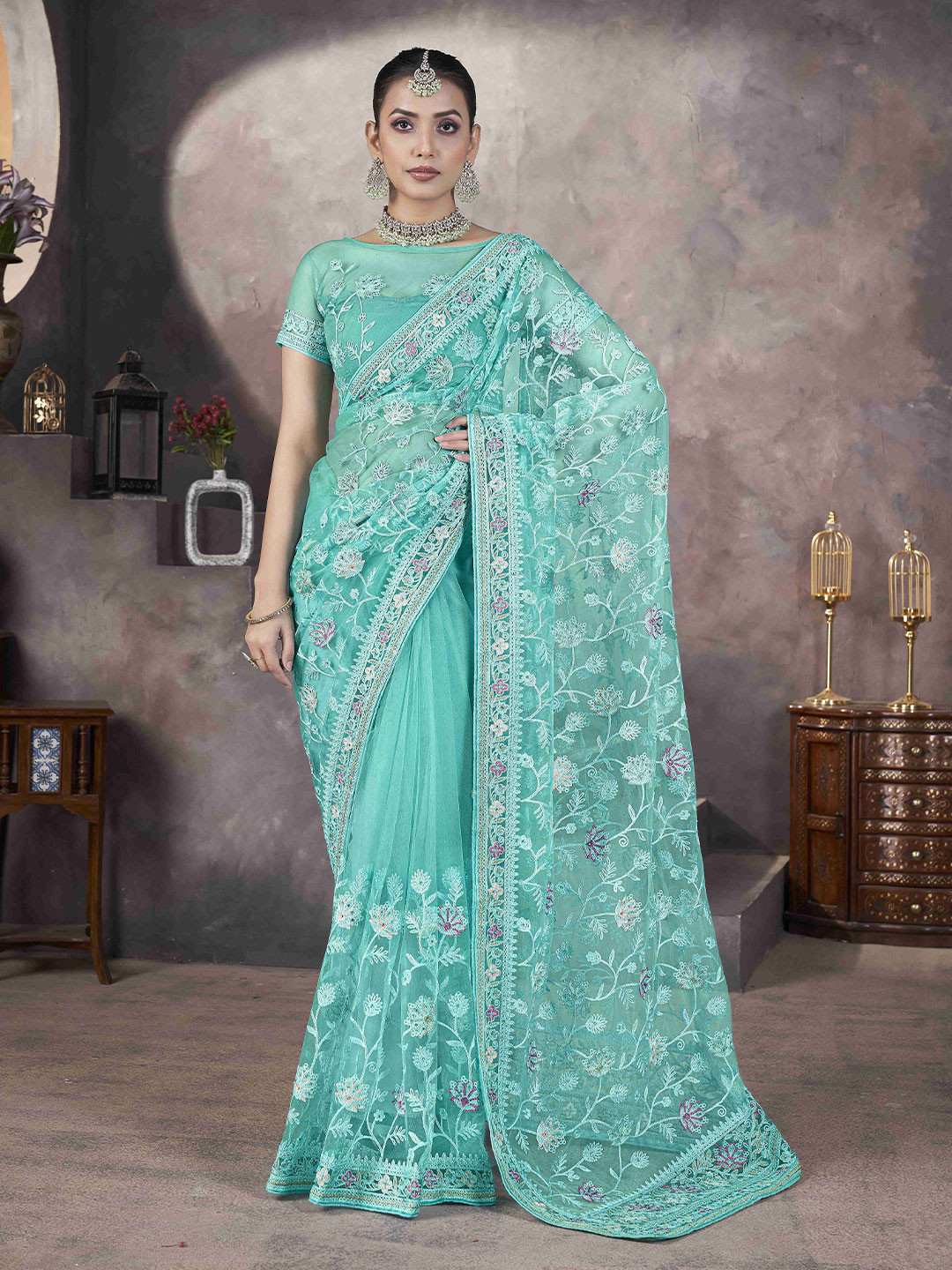 Munir Floral Embroidered Net Saree With Beads and Stones