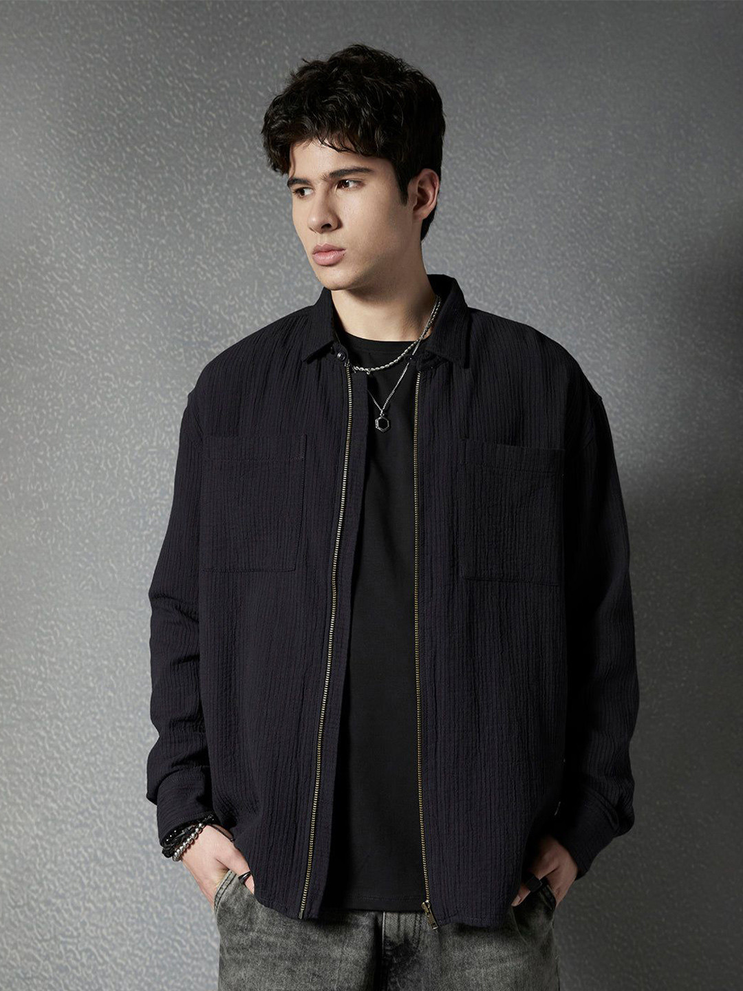 Voltedge Men Relaxed Fit Full Zip Street Look  Textured Fabric Shacket