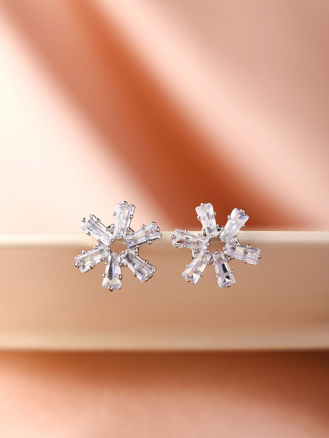 PRITA Silver Plated American Diamond And Crystal Studded Floral Shaped Studs