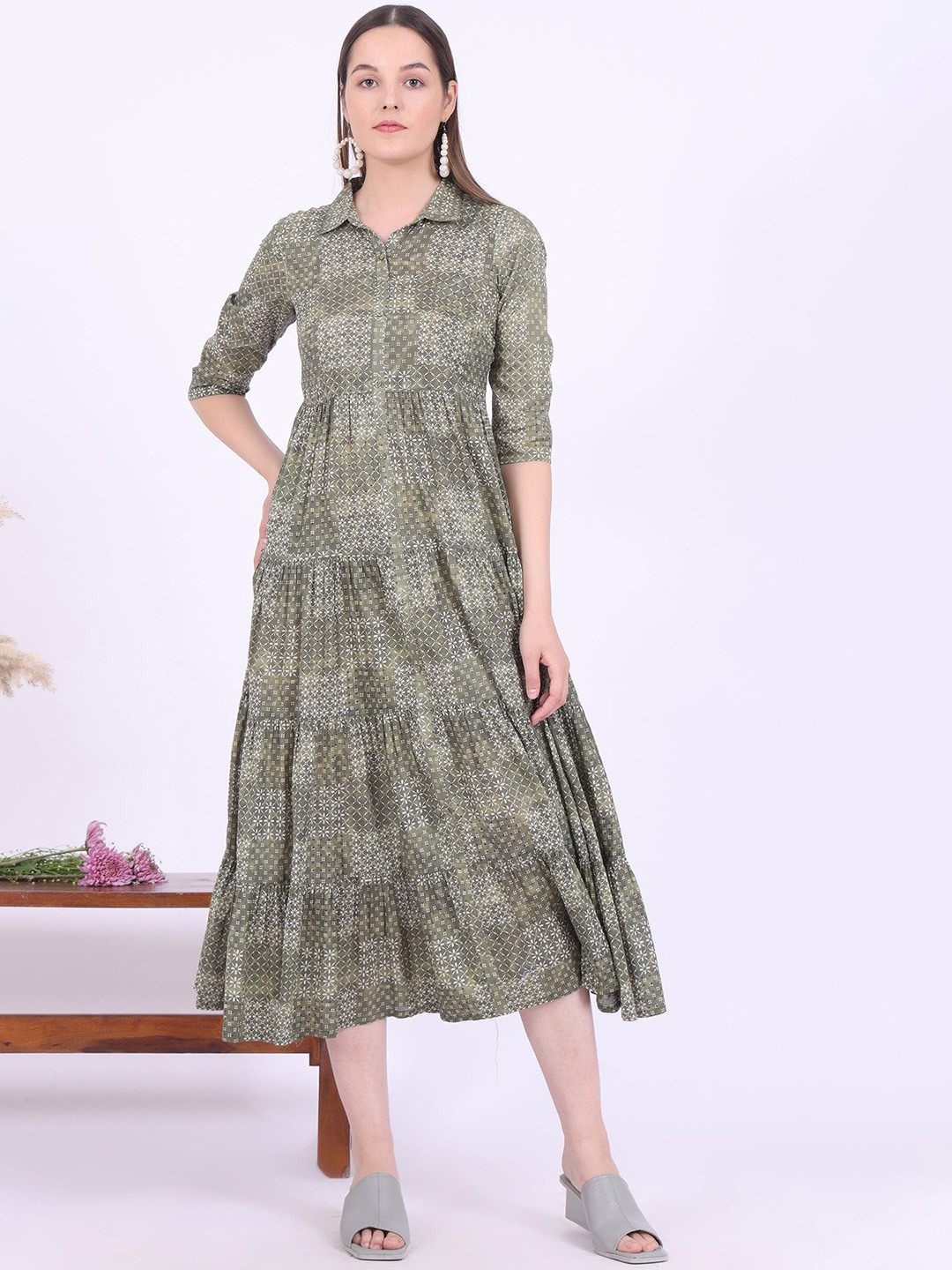 AURELIA Geometric Printed Shirt Collar Anarkali Pure Cotton Ethnic Dress