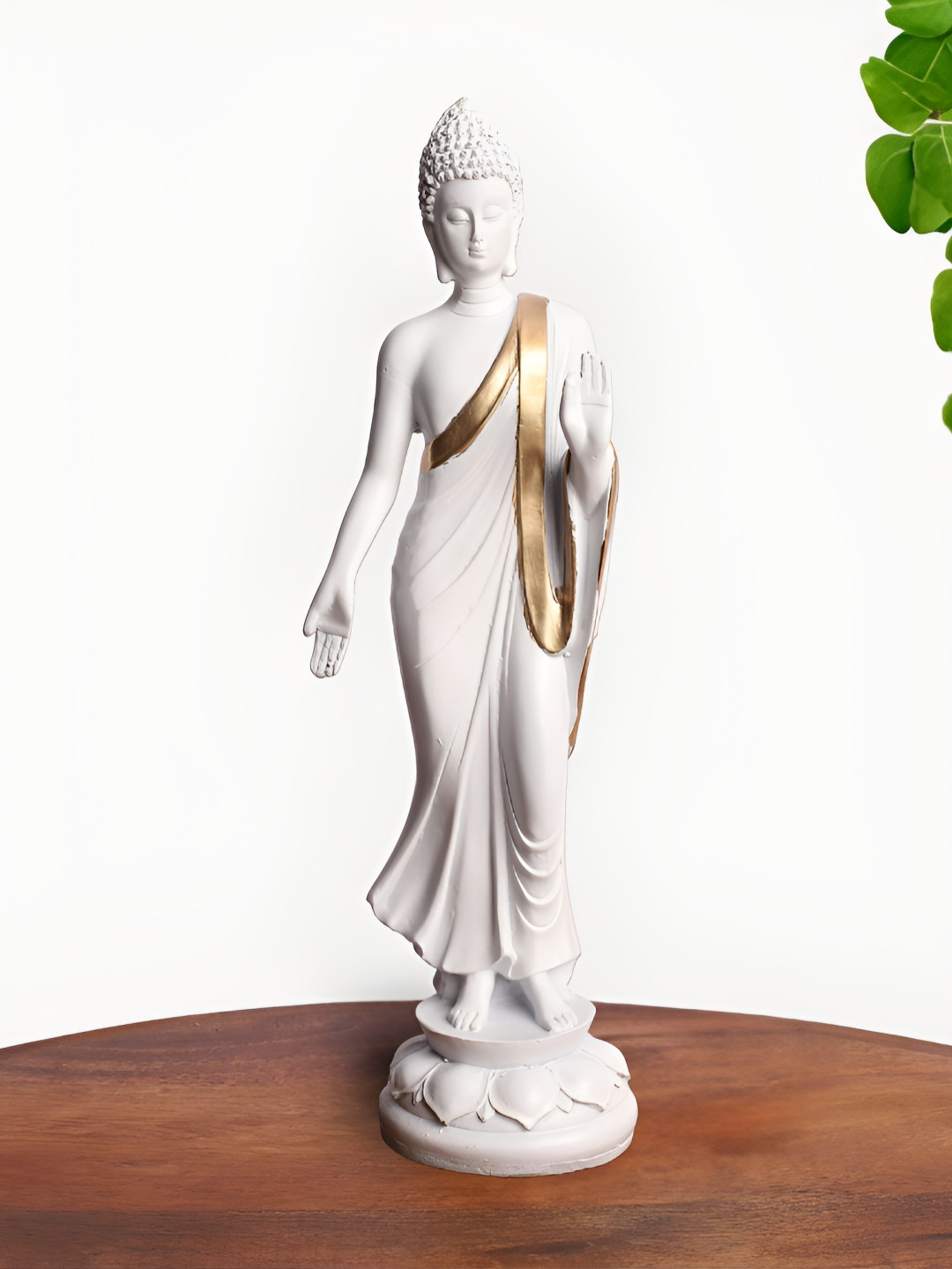 INTERNATIONAL GIFT Standing Buddha White Polyresin Metallic Prayer Room Small Showpiece - 15 Inches