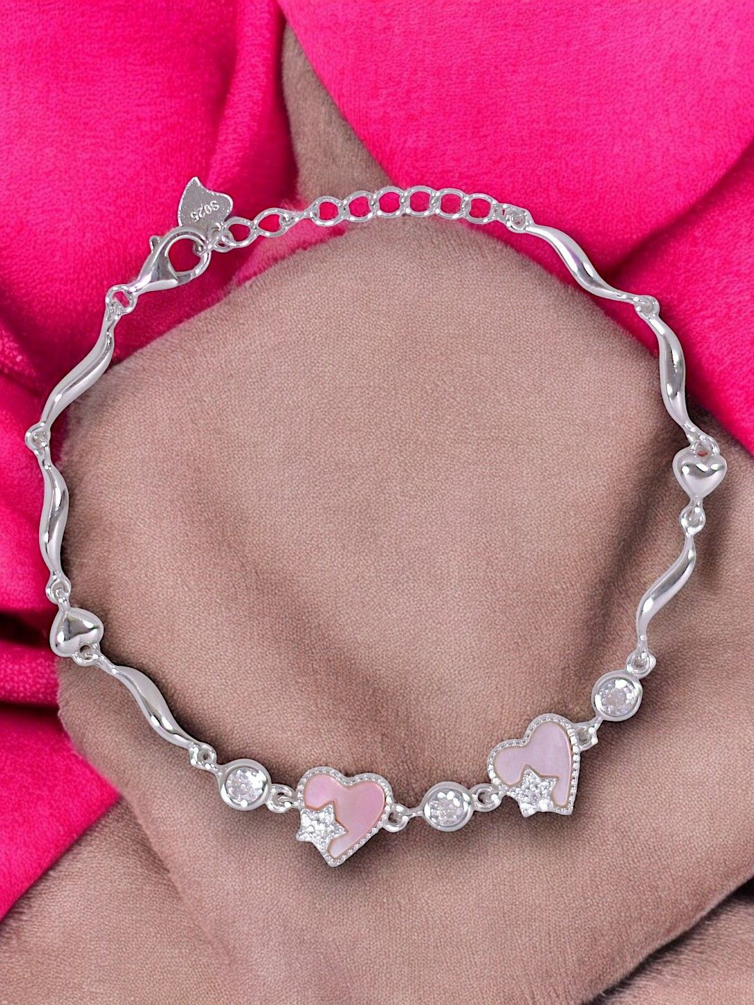 Taraash 925 Sterling Silver Mother-of-Pearls with CZ-Studded Heart Shape Link Bracelet