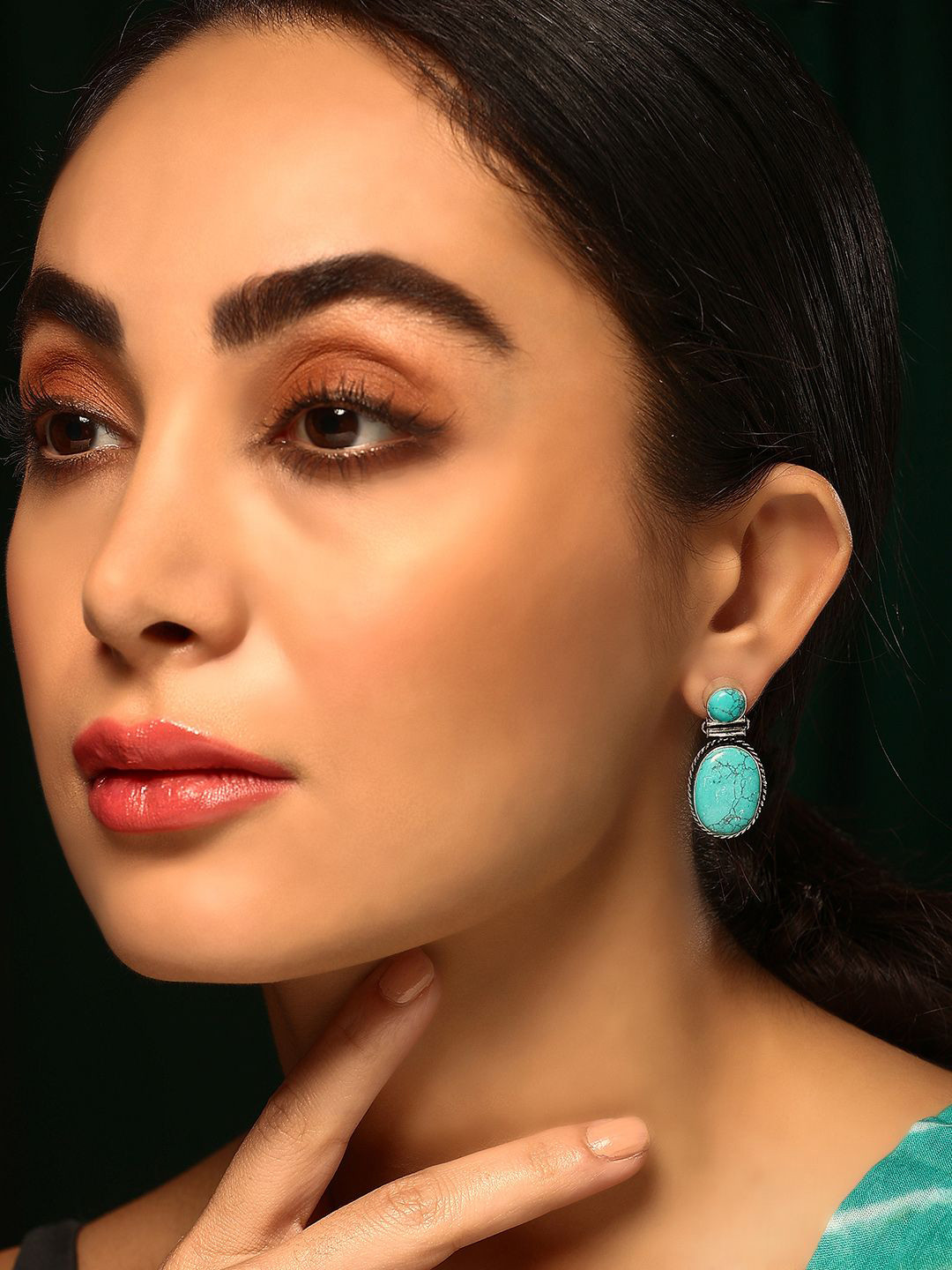 Priyaasi Silver Plated Marble Stones Studded Contemporary Oxidized Drop Earrings