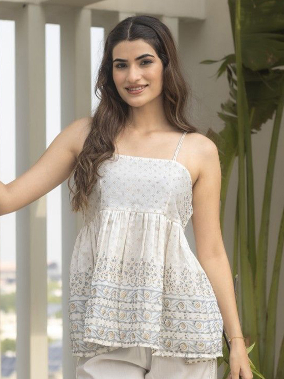 ANUVAS Amor Women Ethnic Motifs Printed Shoulder Straps Longline Top