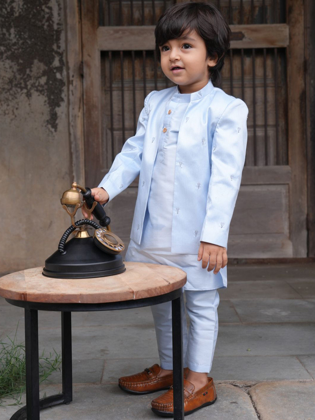 Funny Bones Clothings Boys Floral Embroidered Straight Pure Silk Kurta With Trousers