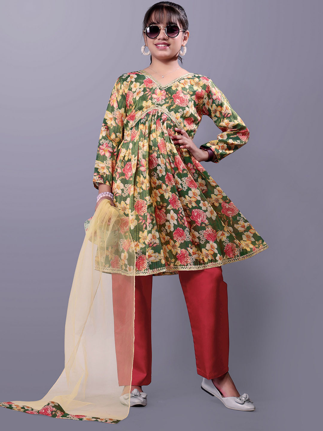 Aarya Designer Girls Floral Printed Tissue Anarkali Kurta With Trousers & Dupatta