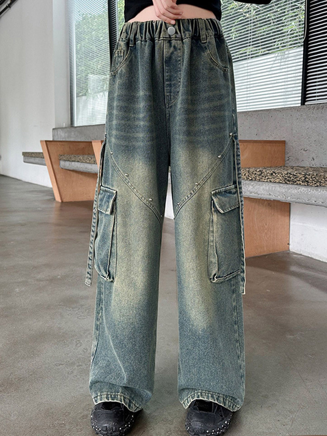 LULU & SKY Girls Wide Leg Low-Rise Heavy Fade Jeans