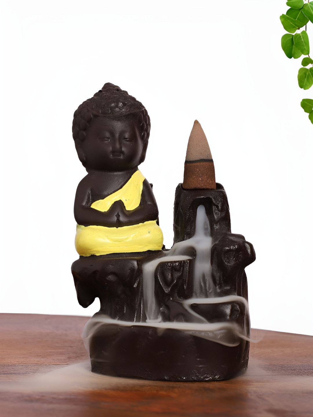 INTERNATIONAL GIFT Prayer Buddha Yellow Polyresin Glossy Garden Fountain Small Showpiece - 4.5 Inches