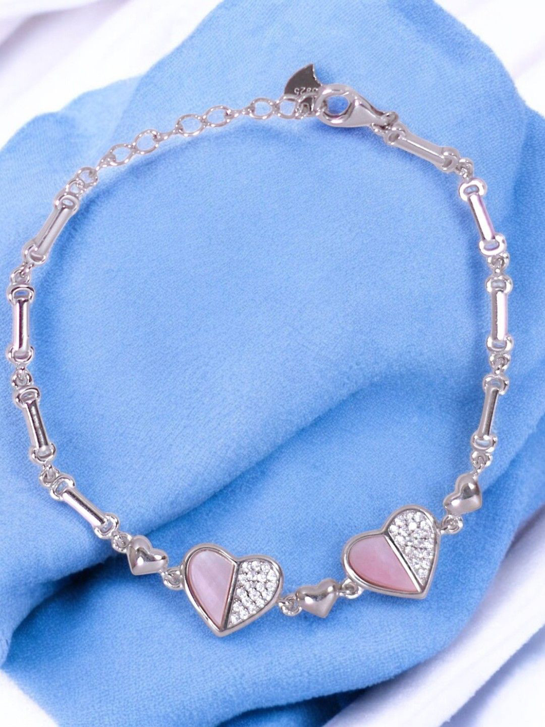 Taraash 925 Sterling Silver Mother-of-Pearls with CZ-Studded Two Heart Shape Link Bracelet