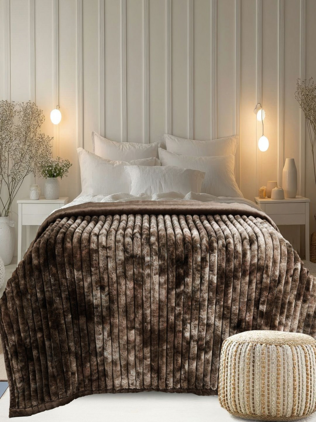 GAPU & BALY Coffee Brown Striped Fur 300 GSM Heavy Winter Double layred Double Bed Blanket