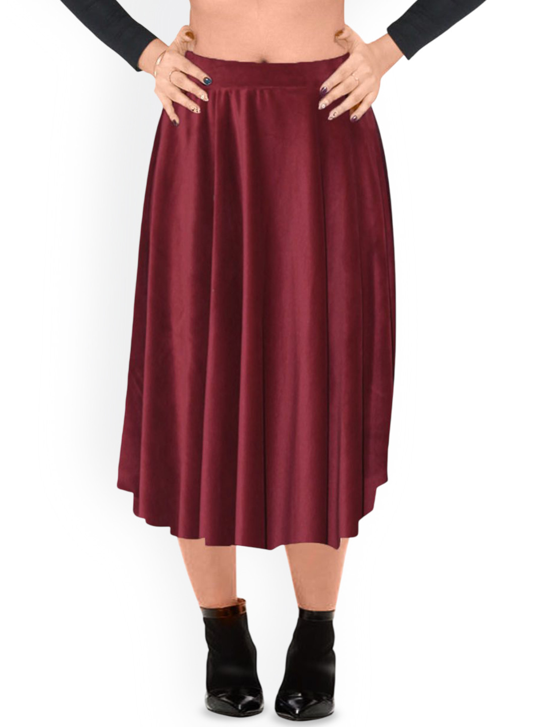 PINK SHELL Women Velvet Pleated Flared Midi Skirt