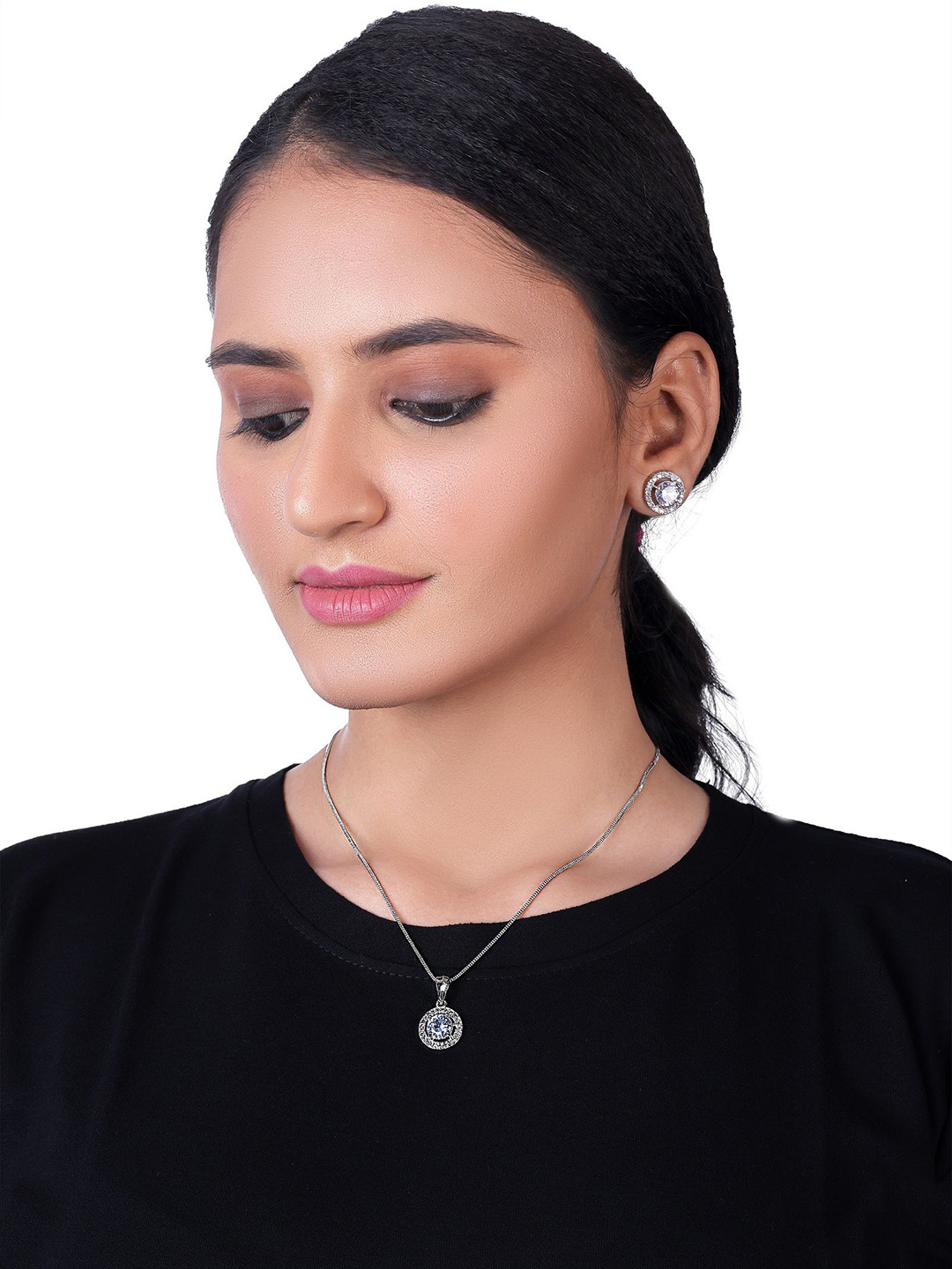 AKLINA Rhodium-Plated Cubic Zirconia Studded Diamond Shaped Pendant With Chain