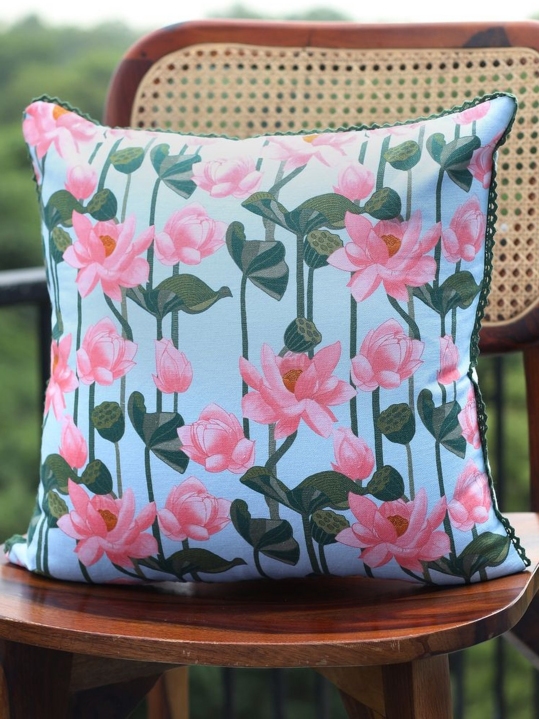 Abolee Homes Lotus Pink Floral Cotton Lightweight 3 Piece Square Cushion Covers -16x16In