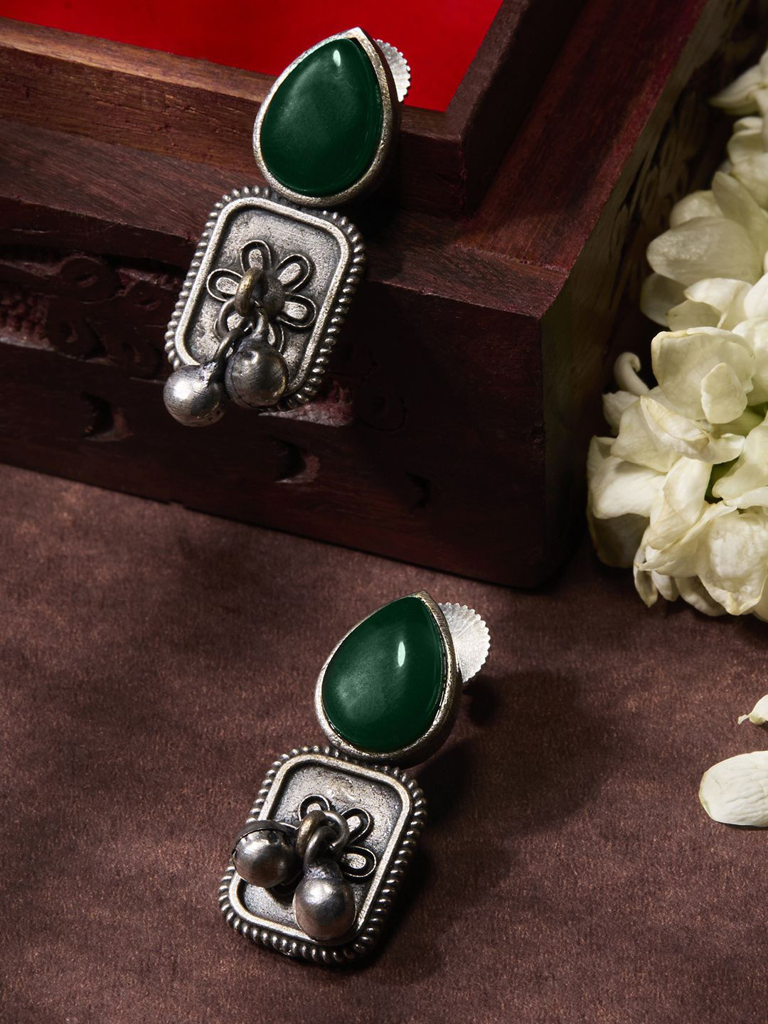 Priyaasi Silver-Plated Oxidised Emarld Drop Earrings