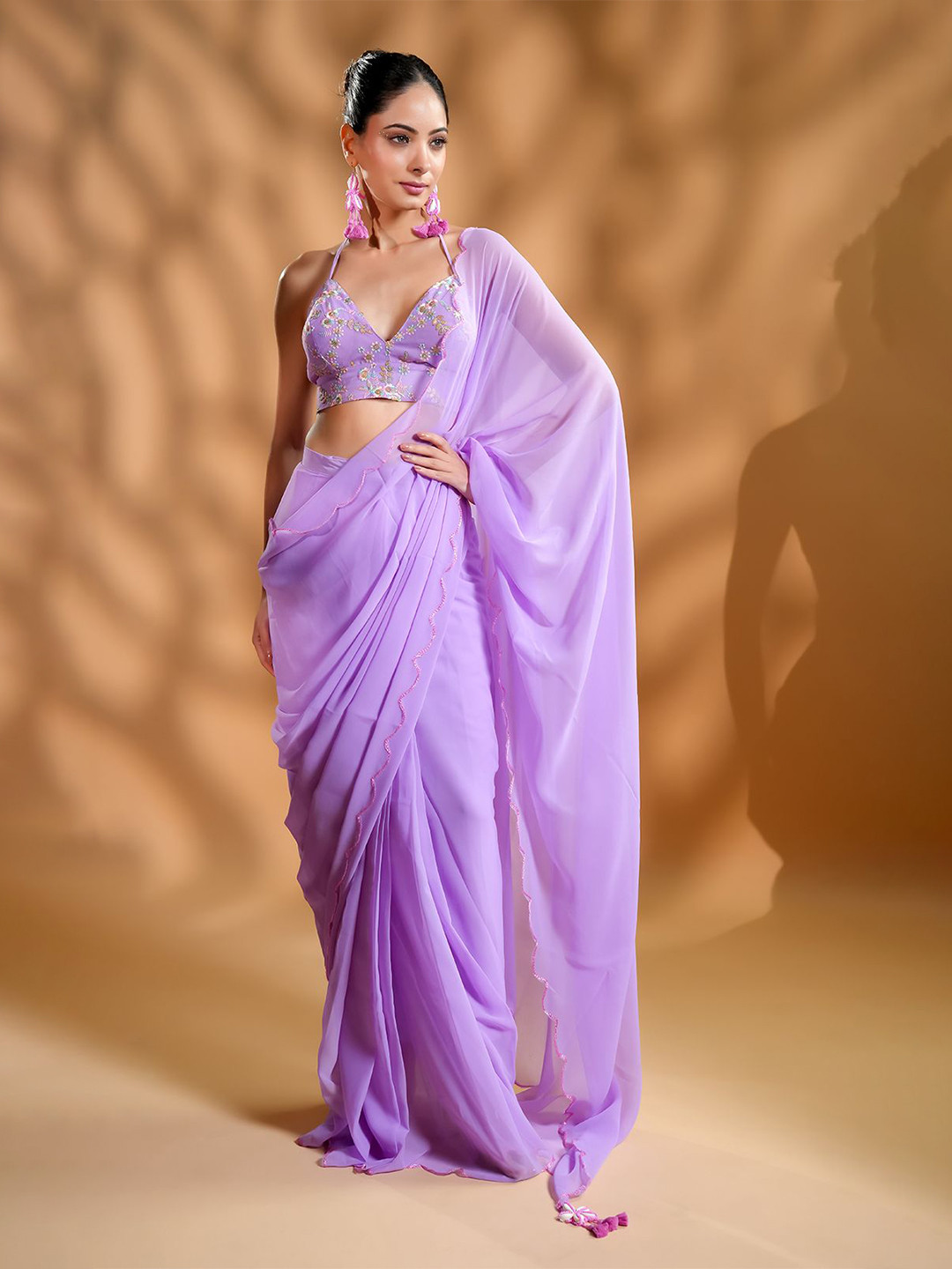 HANDME Lavender Georgette Ready To Wear Saree with Embroidered Blouse Fabric and Tassels