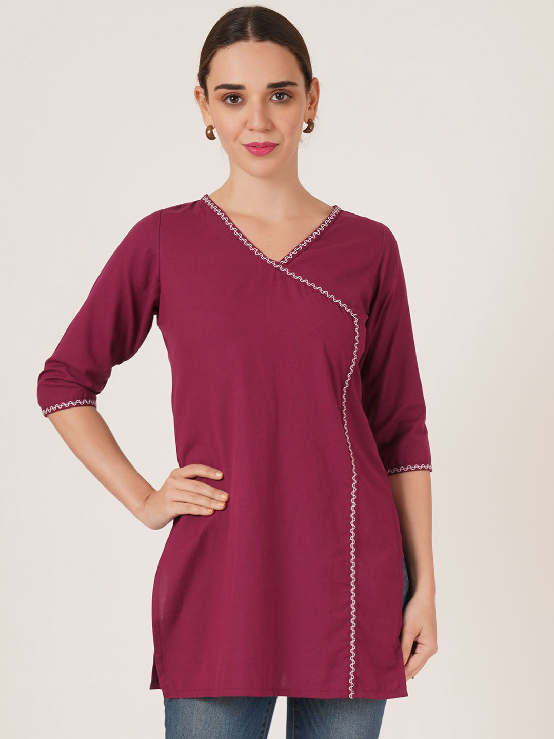 Brownverse Thread Work V-Neck Khadi Cotton Angrakha Design Kurta