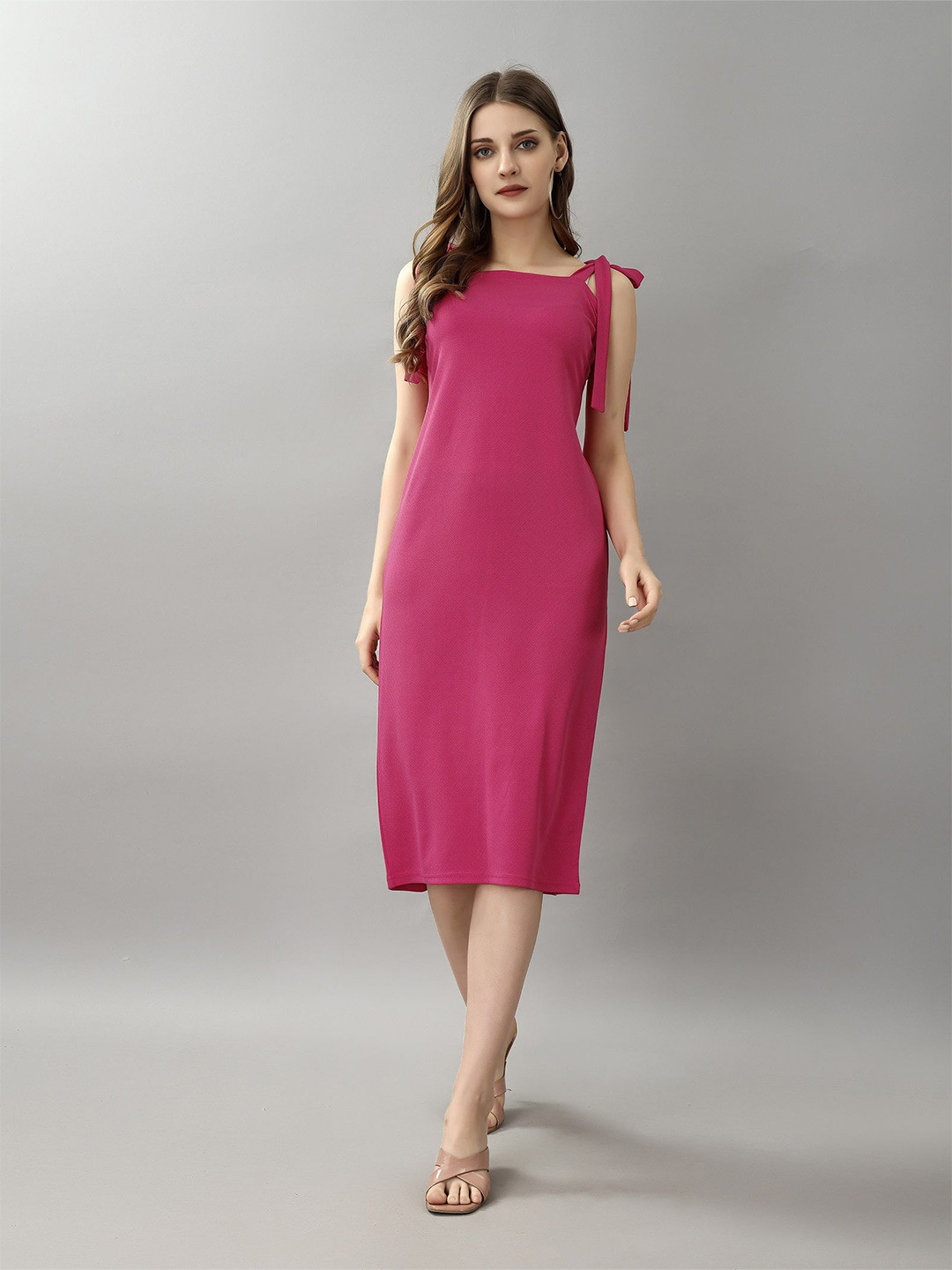 Attire Empire Solid Sheath Shoulder Straps Midi Dress