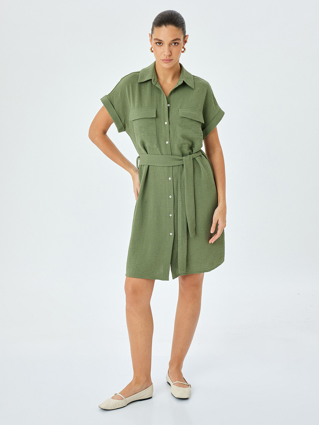 Koton Shirt Collar Extended Sleeves Shirt Dress With Tie-Ups