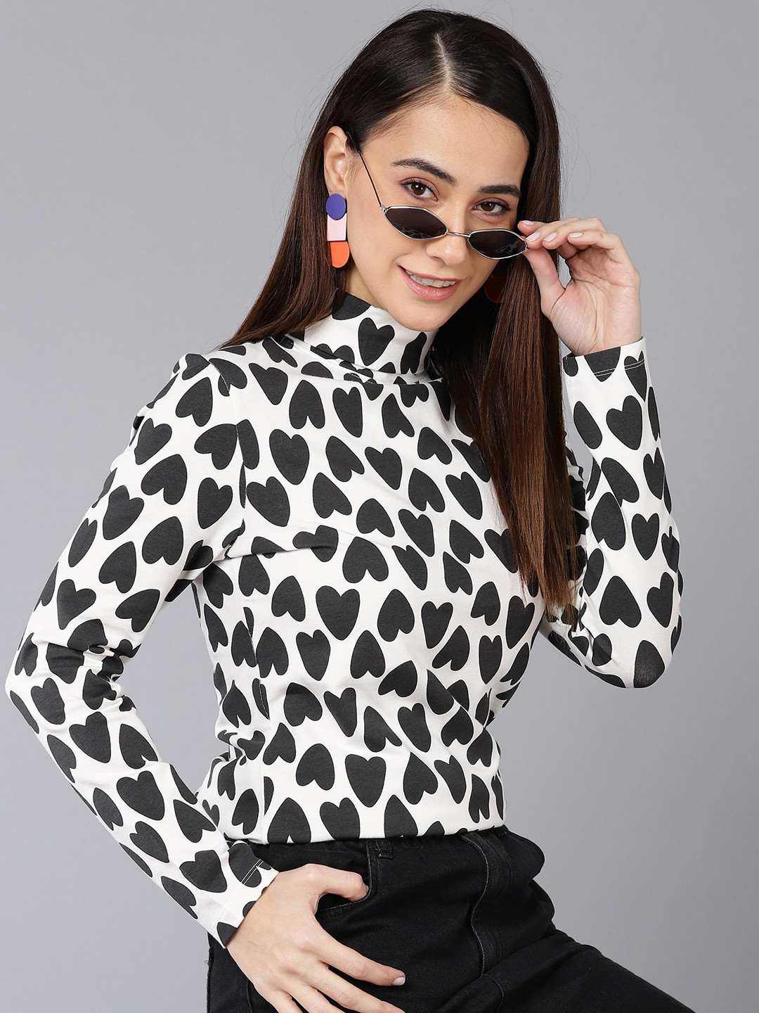 Moda Rapido Women Printed Turtle Neck Monochrome Pockets Slim Fit T-shirt